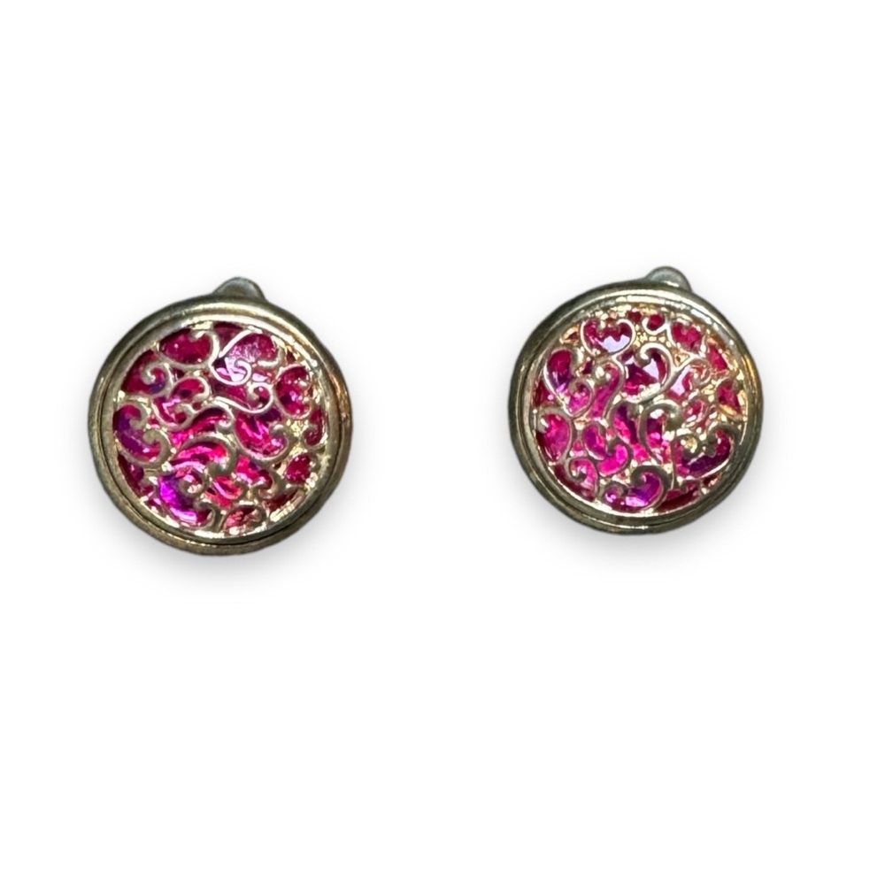 Pink and Gold Tone Round Stud Earrings